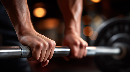 Close-up of hands gripping barbell with weight plates, strength training moment, powerlifting exercise detail, intense workout grip, with copy space