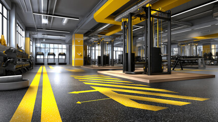 Gym interior with circuit training stations and directional arrows overlay, workout flow visualization, training program layout, fitness routine planning, with copy space