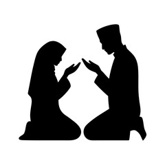 Vector illustration, icon of Muslim couple in the gesture of supplication dua during namaz prayer for design on the theme of Islamic family, Ramadan and spiritual unity.