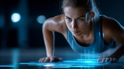 Faceless athlete performing plank exercise with form correction lines overlay, fitness training moment, proper technique visualization, workout instruction concept, with copy space