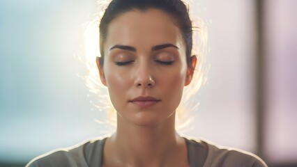 Serene woman meditating with eyes closed in peaceful indoor setting