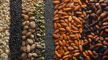Naklejka premium Closeup of assorted seeds on rustic wood, Brightly colored grains and nuts arranged on wooden surface, Detailed view of various grains and nuts displayed on rustic wooden background