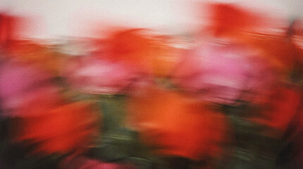 Abstract floral composition featuring vibrant red and pink flowers, captured in motion to create a dreamy, blurred effect, evoking feelings of joy and tranquility in a natural setting