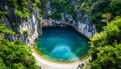 Aerial view of a circular, turquoise lake nestled within towering rock cliffs, surrounded by lush greenery