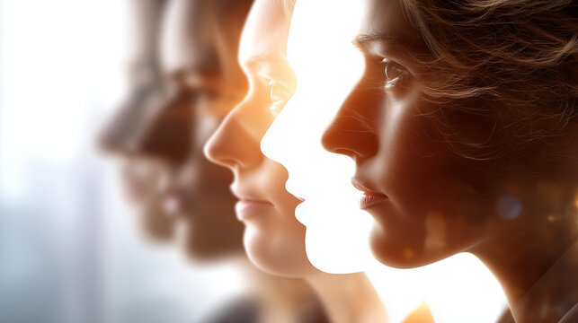 Overlapping transparent silhouettes of faceless person in different emotional states, identity confusion concept, mental illness complexity, psychological multiplicity visualization, with copy space