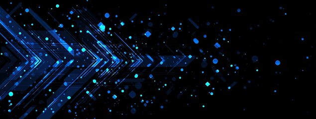 A dark background with blue glowing arrows and scattered dots, representing movement and tech