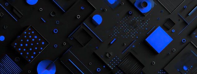 A geometric abstract composition with dark, textured planes and bright blue shapes