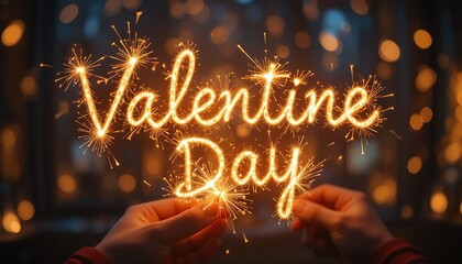 Hands hold sparklers forming 'Valentine Day', radiating warm light against a dreamy bokeh background. A glowing symbol of love and festive celebration.
