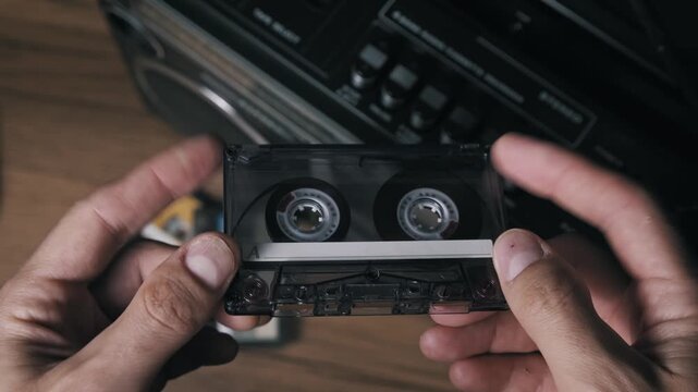 Overhead view of hands flipping a transparent vintage audio cassette from side A to B. The magnetic reels and blurred boombox background highlight the mechanics of analog media.