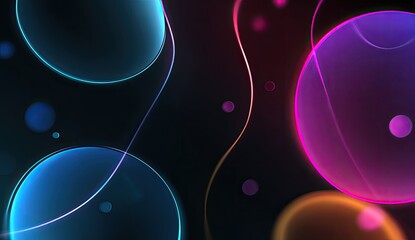 Dark background with glowing translucent circles and curved lines, vibrant colors and dreamy effect