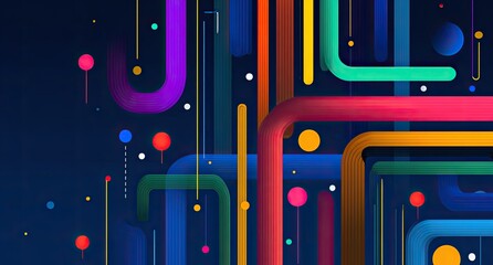Colorful abstract artwork of overlapping curved lines and geometric shapes against dark background