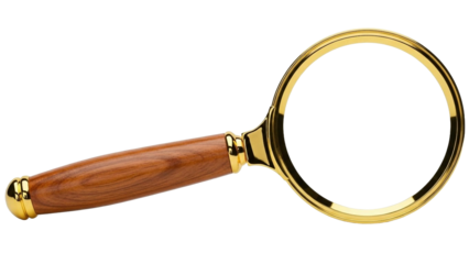 Classic Magnifying Glass with Wooden Handle and Gold Frame Isolated