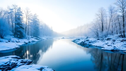 Serene winter landscape with snow covered trees and calm river reflecting blue sky and sunlight on tranquil frozen shore