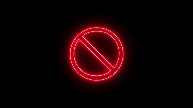 Red neon prohibition sign animation with a glowing effect on a dark background, conveying a stop or forbidden concept, perfect for overlays or motion graphics.