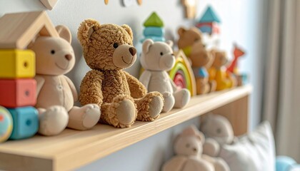Shelf full of teddy bears and toys in a childs room.