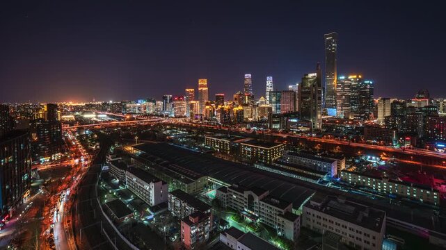 Real-life Night Time-lapse of Beijing CBD for Urban Economic Development; Authentic Nighttime Footage of Beijing Guomao Business District Representing Economic Growth; Beijing CBD Night Cityscape Time