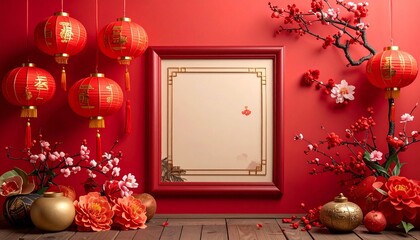 Festive Chinese New Year frame with lanterns and blossoms.
