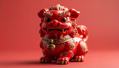 Vibrant Red Chinese Lion Statue for Lunar New Year.