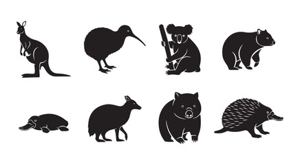 Australian animals silhouettes on transparent background
