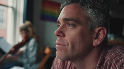 Obraz premium Thoughtful man in LGBTQ community space indoors.
