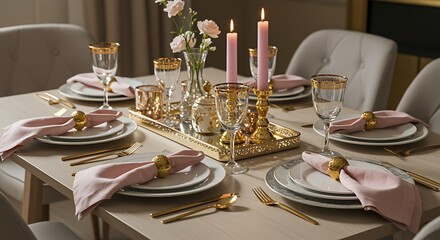 Fototapeta premium Elegant table setting with pink accents candles and golden glassware
