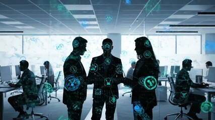 Business professionals interacting with digital data in a high-tech office environment - Powered by Adobe