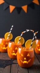 Halloween drinks in carved pumpkin glasses with citrus garnish and decorations