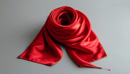 Elegant Red Silk Scarf on Gray Background, Fashion Accessory.