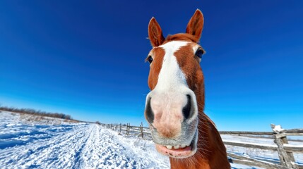 Horse stands in snow on a clear day with a blue sky in a winter landscape near a wooden fence