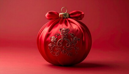 Elegant Red Christmas Ornament with Golden Embellishments on Red Background.