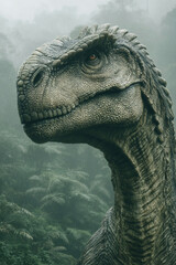 Dinosaur encounter in primeval forest with misty mountains in the background