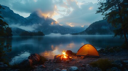 Solitary Orange Tent and Campfire by a Misty Mountain Lake at Twilight Photo
