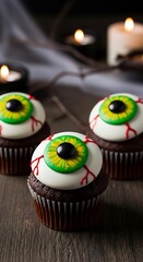 Halloween eye cupcakes with candles spooky dessert treat close up