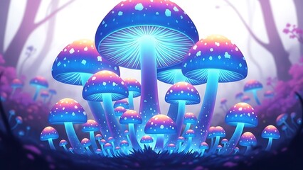 Fototapeta premium Glowing blue and pink mushrooms in a mystical forest with white spots on caps and stems