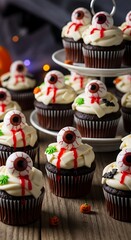 Halloween eyeball cupcakes displayed on white plates with dark background