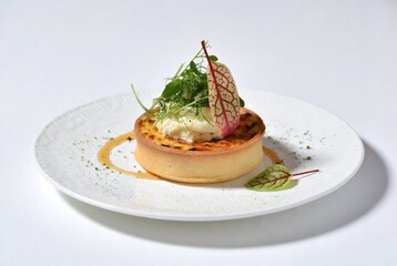 Gourmet Plated Dessert: Chef's Special Creative Cuisine with Leaf Garnish and Caramel Sauce in Fine Dining Restaurant