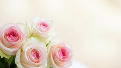 Fototapeta premium Delicate white and pink roses with dewdrops arranged in a close up view showing soft petals and freshness