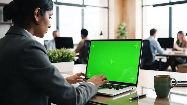 ​4K Dolly short. Over the shoulder shot of a business woman working in office interior on pc on desk, looking at green screen. Office person using laptop computer with laptop green screen video 
