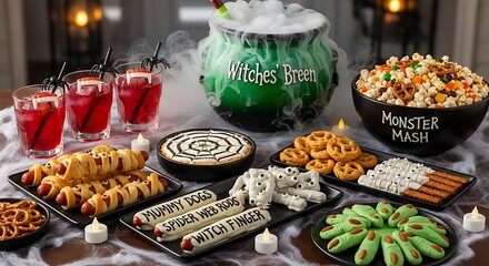 Halloween feast festive food and drinks on a decorated table