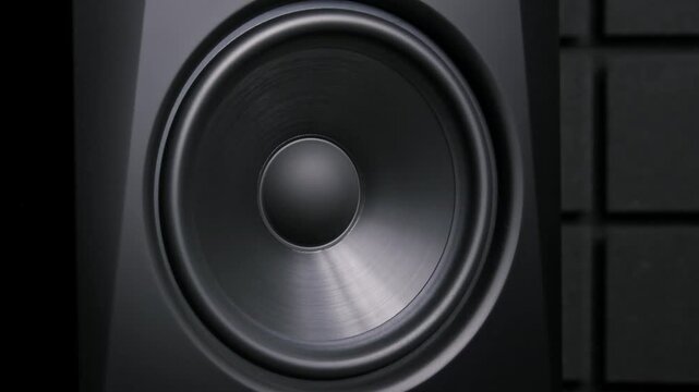 Front view of a black studio monitor woofer cone vibrating from low-frequency bass. The speaker sits against acoustic foam panels demonstrating powerful sound energy.