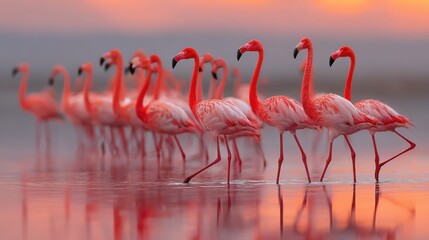A flock of flamingos wading in shallow water, reflecting the pink and orange hues of sunset.
