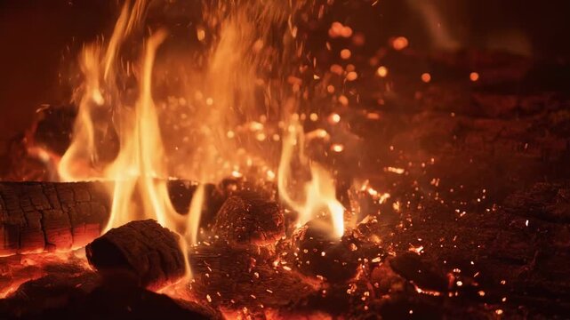 Beautiful glowing embers and sparks from burning wood in a warm fireplace setting