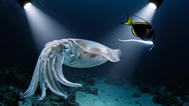 Cuttlefish Swimming Near Reef With Angelfish, Illuminated by Spotlights