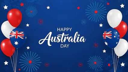 Festive graphic design celebrating happy Australia Day with patriotic balloons and fireworks set against a deep blue celebratory background perfect for national holiday promotions and greetings.