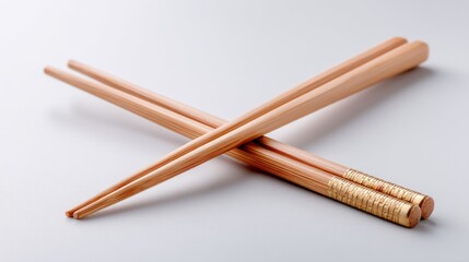Two finely crafted wooden chopsticks rest at an angle, showcasing their smooth texture and simplicity. They suggest an appreciation for culture and authentic dining experiences