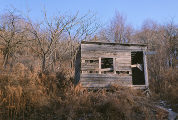 Abandoned wooden shack in winter landscape.