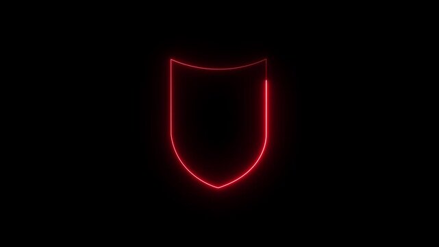 Glowing red neon shield outline animation on a dark background symbolizing protection security and abstract modern design with a loopable futuristic motion graphic effect