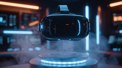 Futuristic virtual reality headset floating on illuminated platform with smoke effects, representing immersive digital experiences and advanced technology - Powered by Adobe
