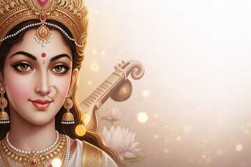 Close-up Portrait of Goddess Saraswati with Veena and Lotus Hindu deity