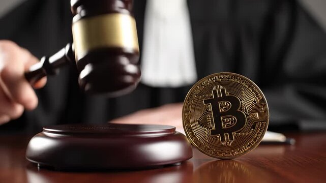 Gavel Hitting Sound Block Next to a Bitcoin on a Wooden Table